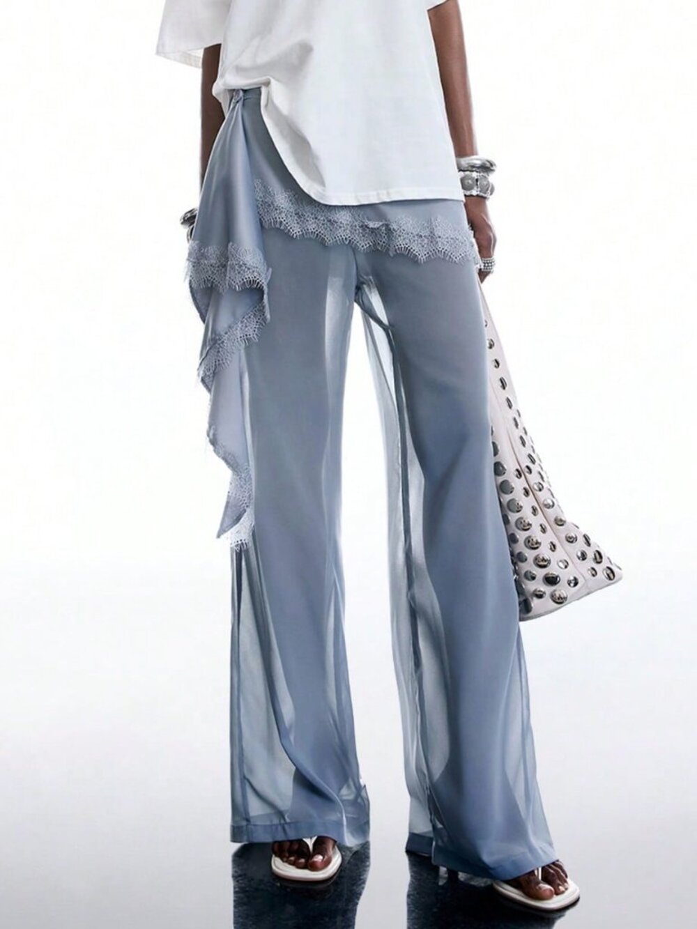 Light Grey Women's Lace Patchwork Sheer Pants - Picture 6 of 8